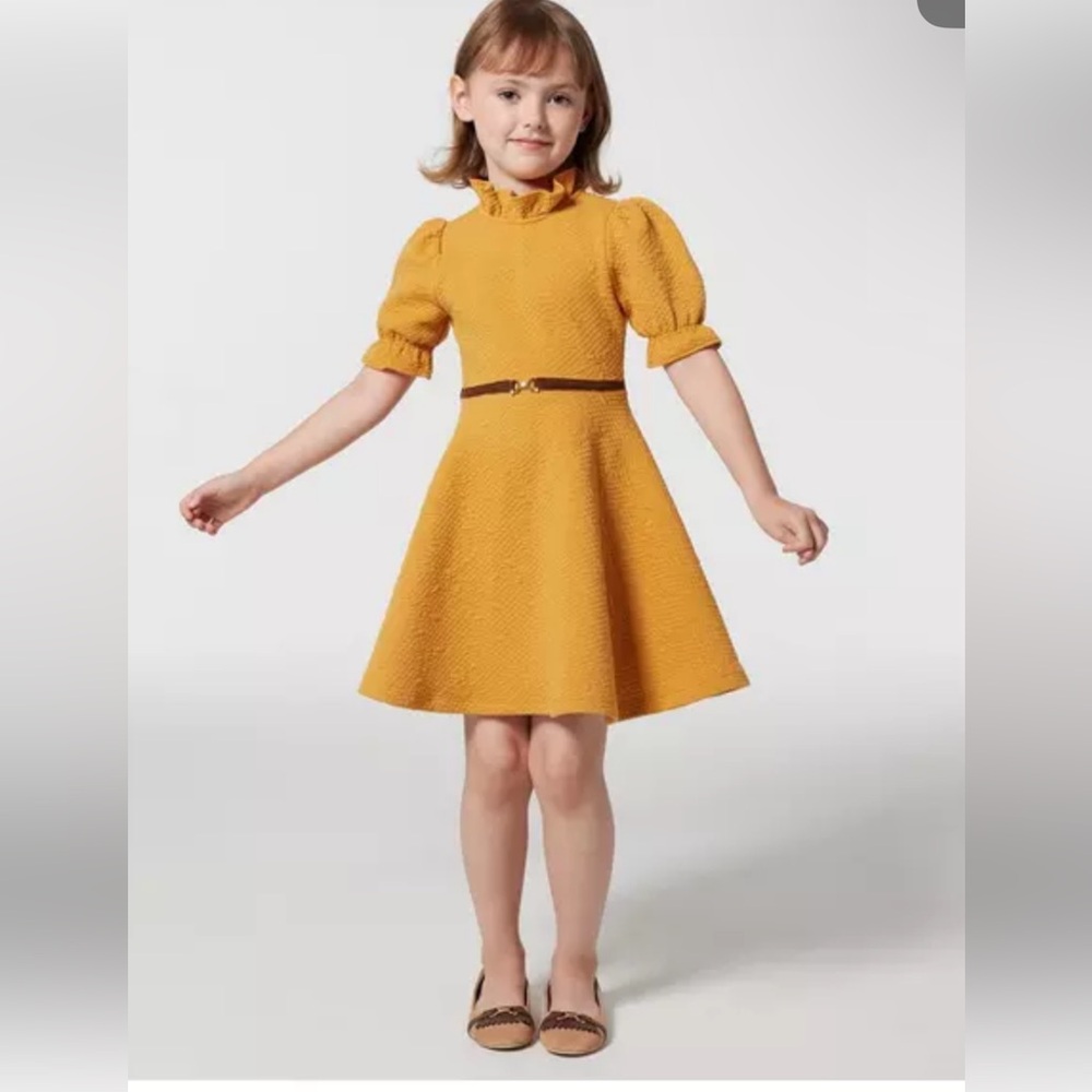 Janie and Jack quilted jacquard puffed sleeve yellow girls fall dress Sz 6